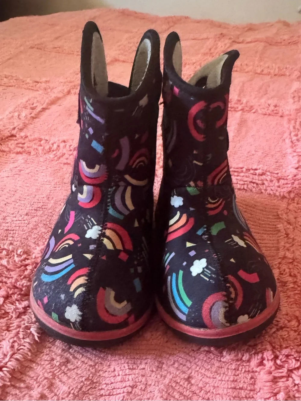 Bogs Kids Black Boots with Colorful Rainbow & Cloud Pattern